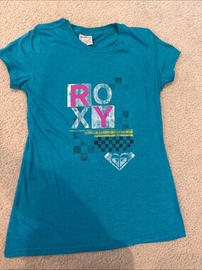 Vintage Roxy Teal Graphic Short Sleeve Tee with Pink Accents